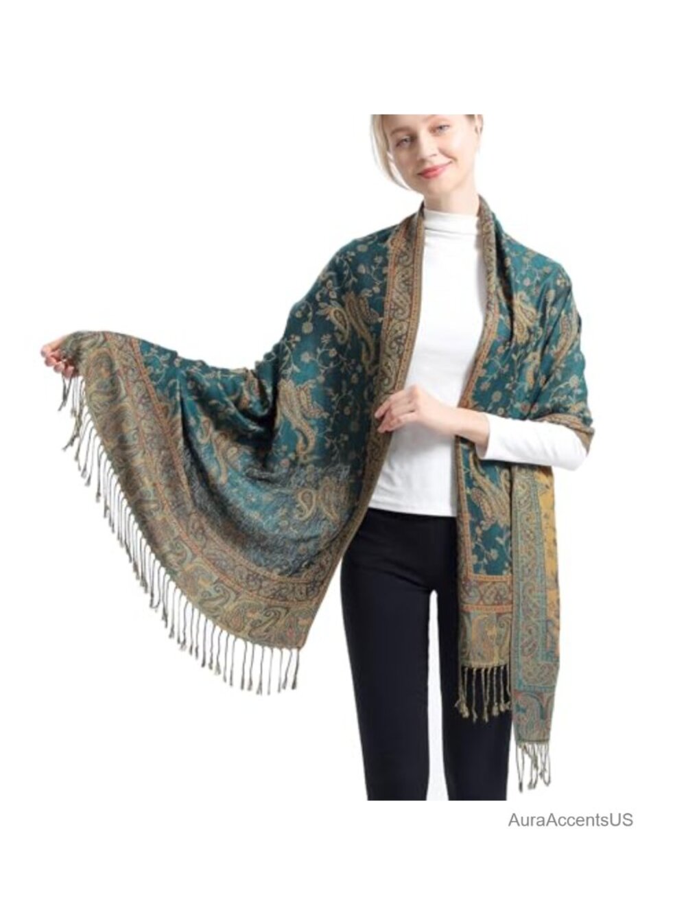 Two Tone Silky Paisley Pashmina Shawl Scarf Soft Jacquard Wrap